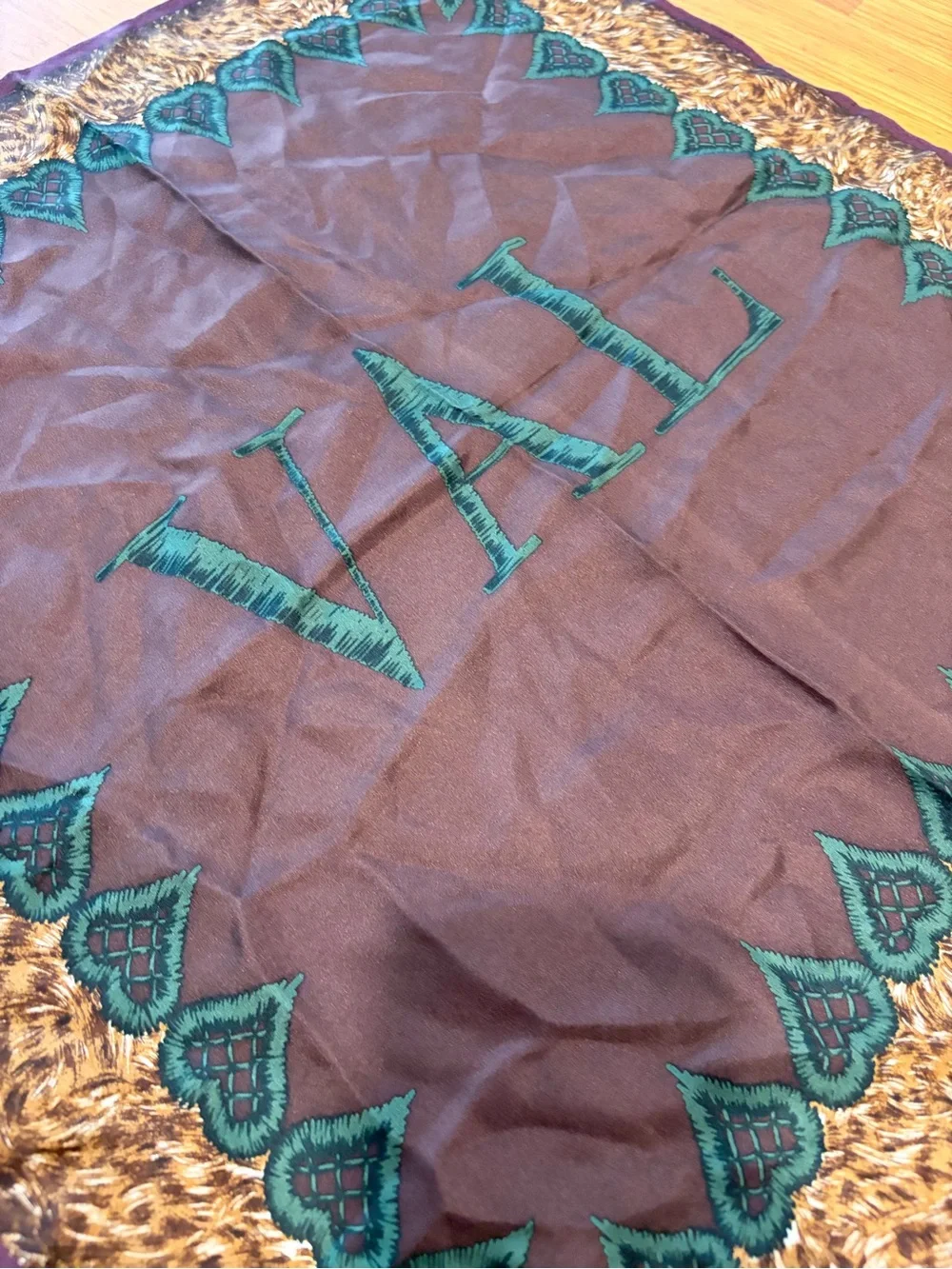 Silk Monogram Valentino Scarf in Brown with Teal Trim